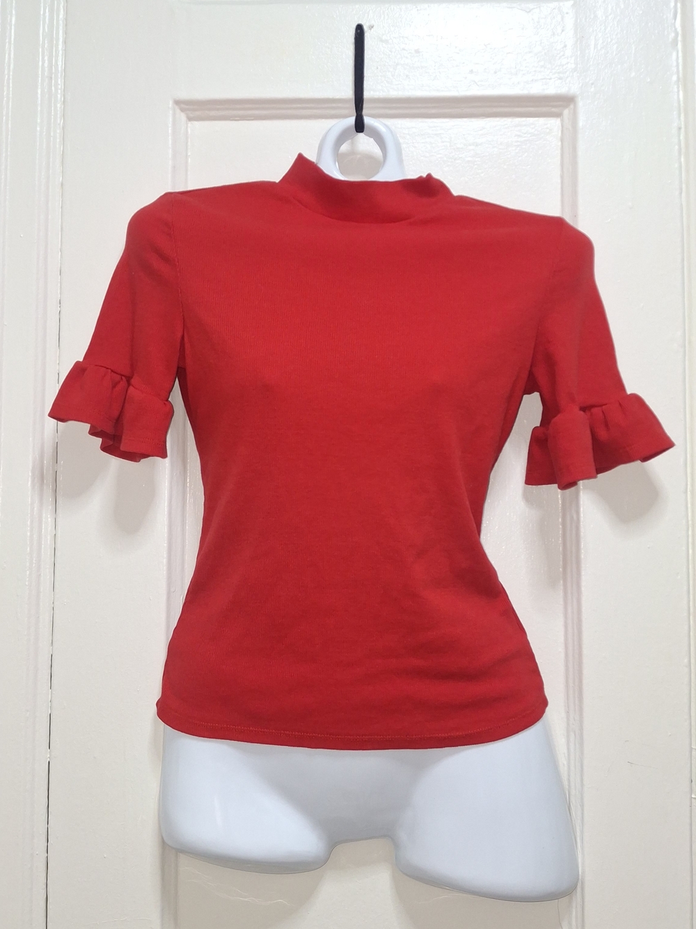 SHEIN Women’s Red Ribbed Mock Neck Top Size M Ruffle Sleeve Stretch